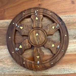 Vintage Boho Inlaid Brass and Wood Wall Key Hanger / Jewelry Hanger.